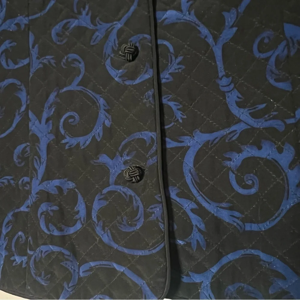 Talbots Quilted Blazer Jacket Button Up Blue Black Silk Swirl Size 14 Flaw